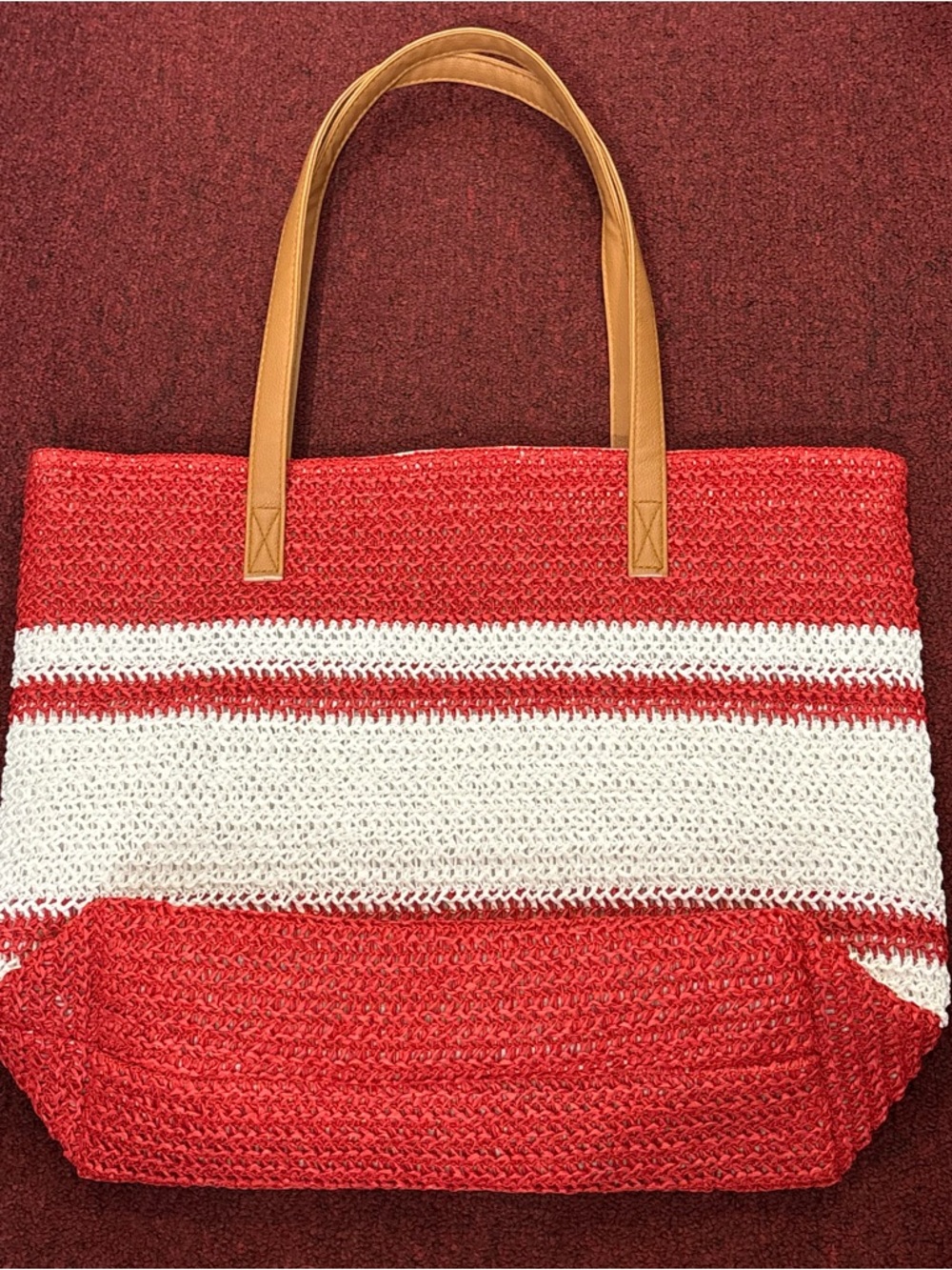 Delta Sigma Theta Red & White Striped  Tote Bag with Tan Handles - Picture 2 of 5